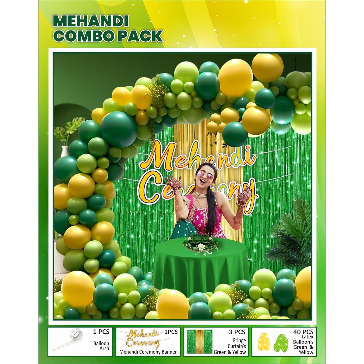 20666 Mehndi Decoration Combo Pack – 45 Pcs | Green & Yellow Balloons, Gliter Banner, Fringe Curtains, Balloon Arch Kit | Wedding, Haldi, Mehndi Ceremony Party Decoration Set