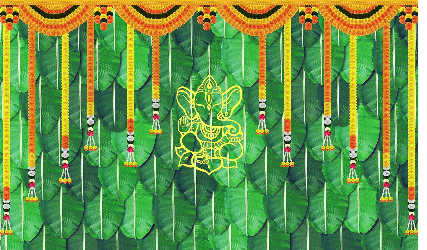 PJD-371 Backdropon Banana Leaf and Hanging Flower with Yellow Ganeshji Design Backdrop for Pooja Decoration Traditional/Background Curtain Cloth for Pooja/Festival Size 5 Feet Height and 8 Feet Width(5 * 8)