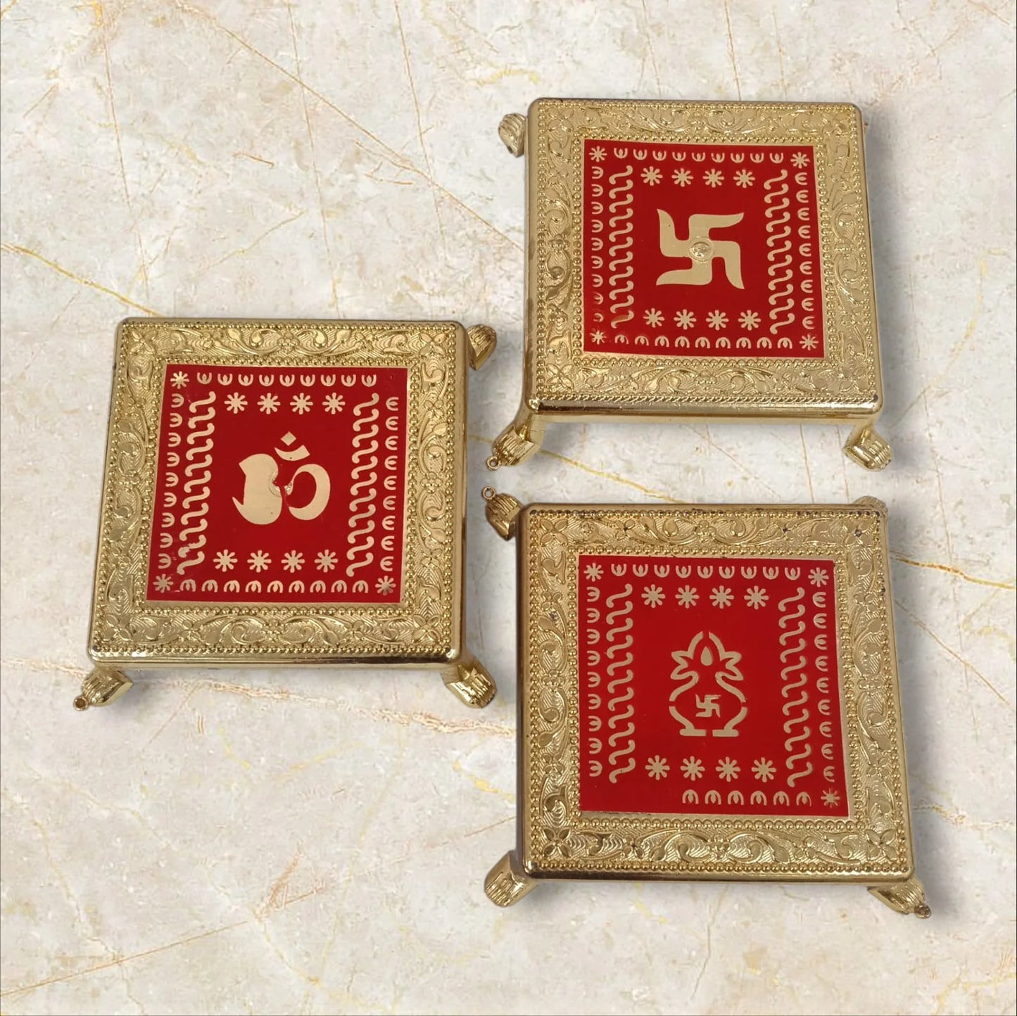 11347 Decorative Swastik, Om, Kalash Chowki, Gold-Plated Plastic Stand with Red Enamel Design 15 Cm