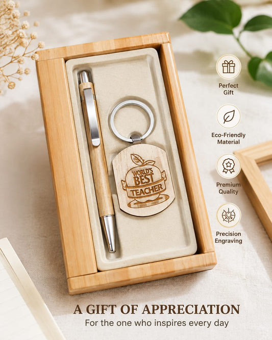 21040 Premium Gifting Wooden Pen with Keychain Engraved Message for Teachers Days Ball Pen (Ink Color - Blue)