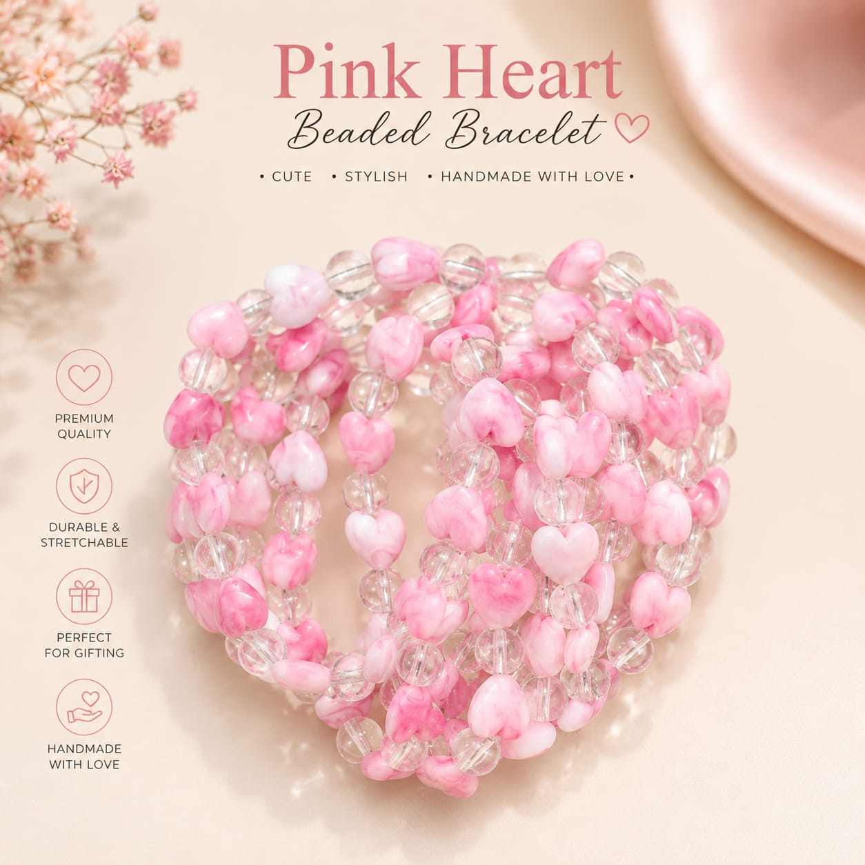 20814 {12 Pcs} Heart Beaded Bracelet for Girls | Handmade Stretch Bracelet | Colorful Heart Beads | Fashion Jewellery for Girls {Random Color}