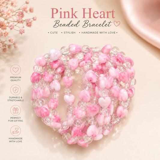 20814 {12 Pcs} Heart Beaded Bracelet for Girls | Handmade Stretch Bracelet | Colorful Heart Beads | Fashion Jewellery for Girls {Random Color}