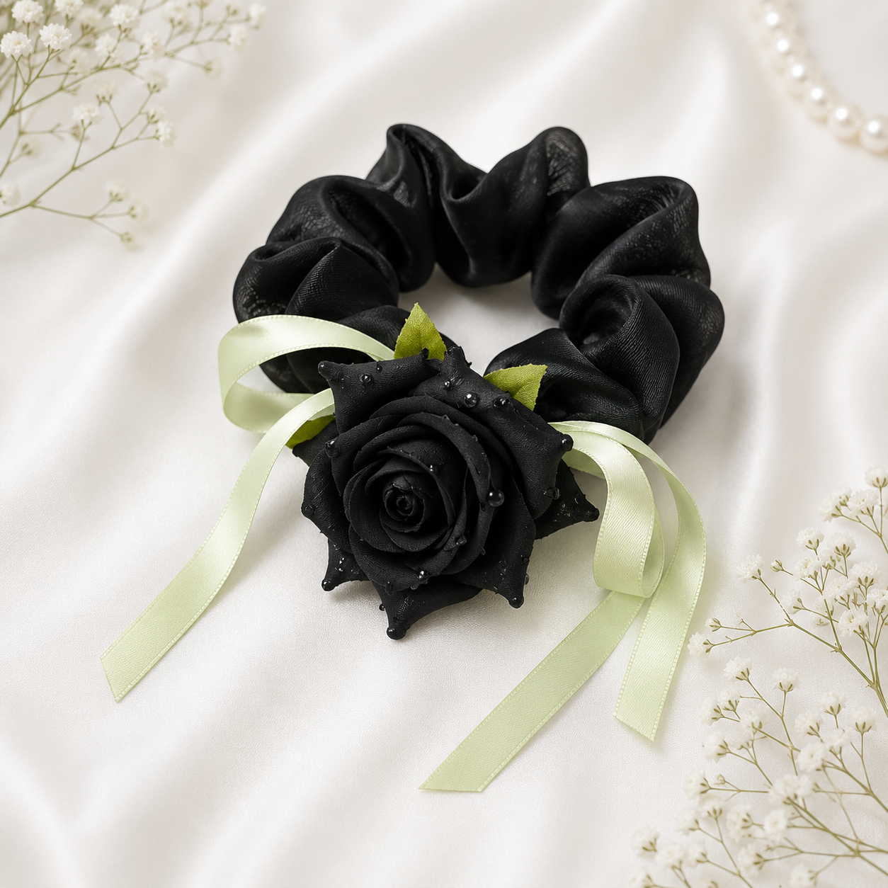 4125 Rose pink colour Hair Tulip flower Scrunchie/Rubber band with Decorative Green Ribbons, Rose pink colour {Multicolor}