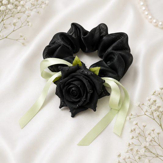 4125 Rose pink colour Hair Tulip flower Scrunchie/Rubber band with Decorative Green Ribbons, Rose pink colour {Multicolor}