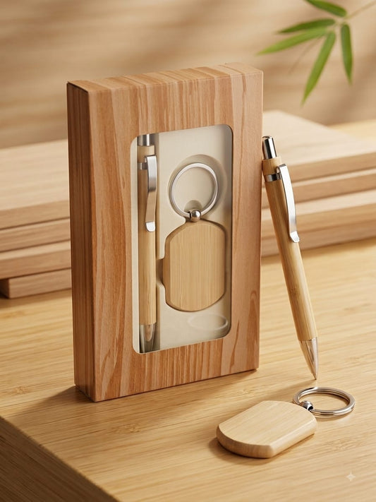 21039 2 in 1 Personalised Gift Set - Pen and Keychain with Name Engraving | Wooden Key Ring and Ball Pens | Customised Gift for Men, Women, Birthday, Anniversary, Corporate Gifting