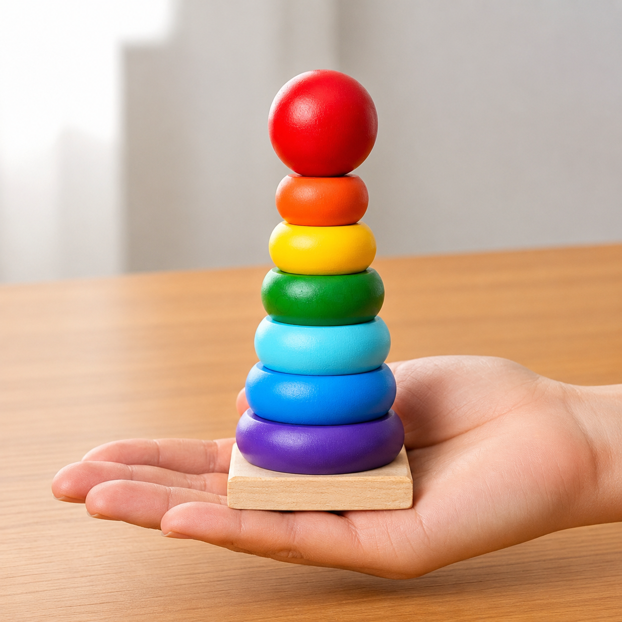 20691 Wooden Rainbow Stacking Ring Tower (Small) | Montessori Educational Toy for Toddlers | Shape & Colour Recognition Stacker Toy