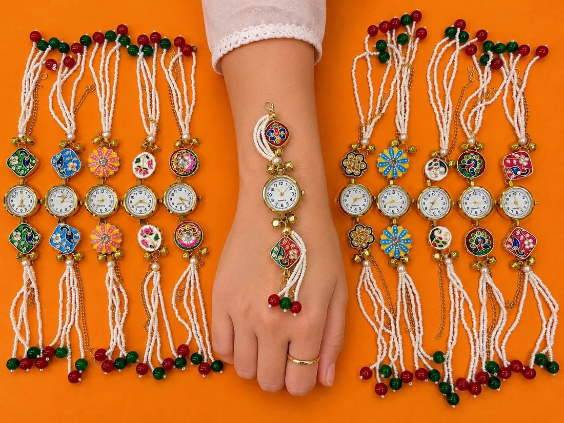 20826 Kashmiri Kundan Meenakari Bracelet Watch for Women, Gold-Plated Floral Enamel, Adjustable Chain with Pearl Charms {Random Design}