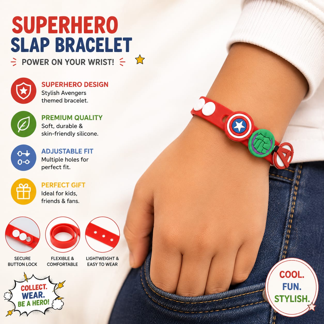 20819 Superhero Silicone Bracelet for Kids | Adjustable Cartoon Wristband | Soft Rubber Band {Random Design}