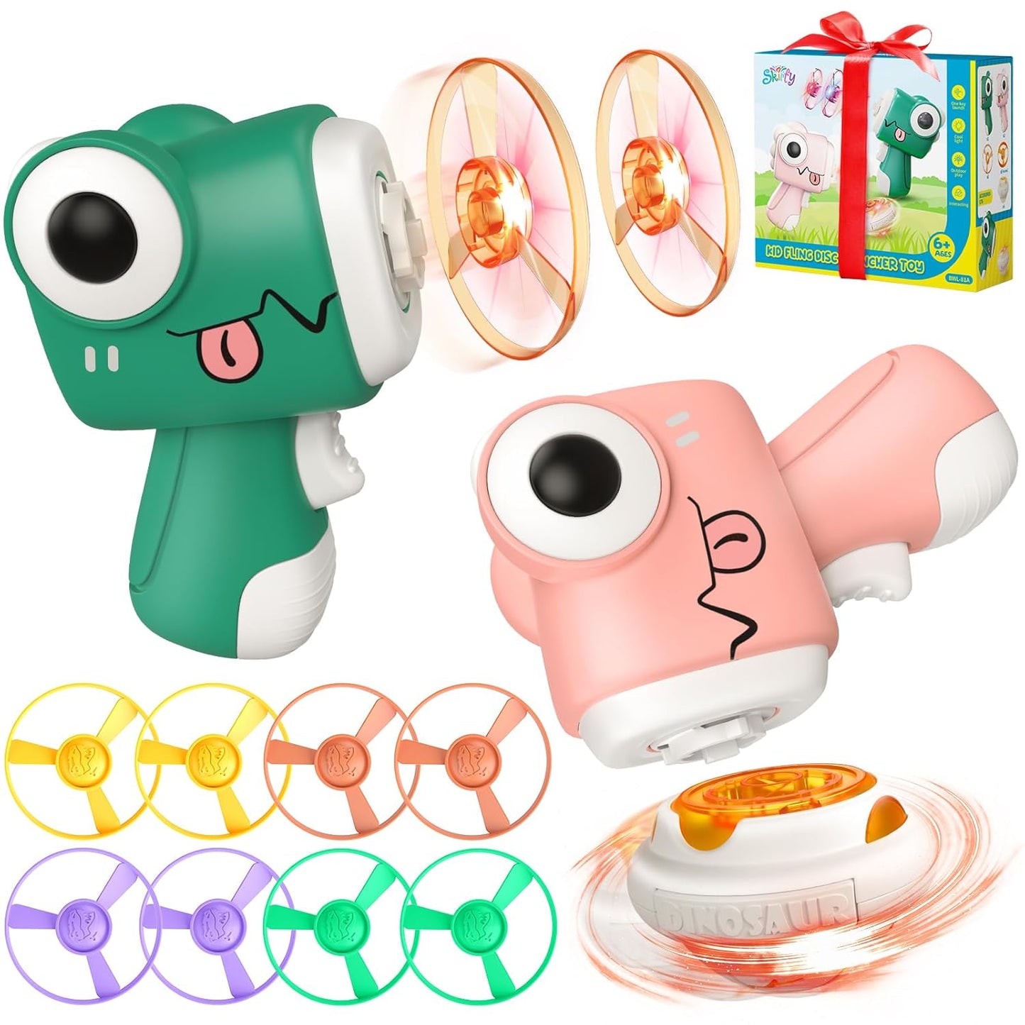 20874 Flying Disc Launcher Toy, Kids Outdoor Flying Saucer Toys, Portal Gun, 4 Flying Discs Gun and 1 Light Up Spinning Tops with Flashing LED Lights for Kids