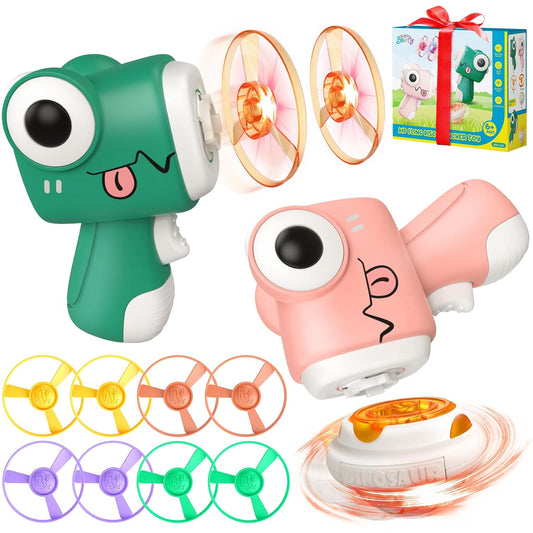20874 Flying Disc Launcher Toy, Kids Outdoor Flying Saucer Toys, Portal Gun, 4 Flying Discs Gun and 1 Light Up Spinning Tops with Flashing LED Lights for Kids