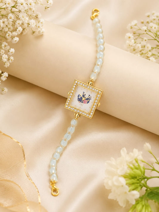 21076 Elegant Pearl Beaded Wrist Watch for Women & Girls – Stylish Gold-Tone Bracelet Watch