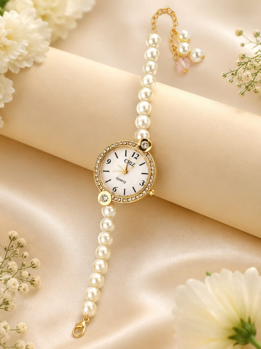 21076 Elegant Pearl Beaded Wrist Watch for Women & Girls – Stylish Gold-Tone Bracelet Watch