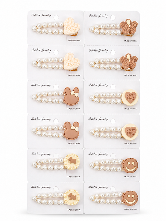 20904 {Pack of 12} Premium Pearl Hair Clip for Girls | Cute Cartoon Pearl Hair Pin | Korean Style Hair Accessory