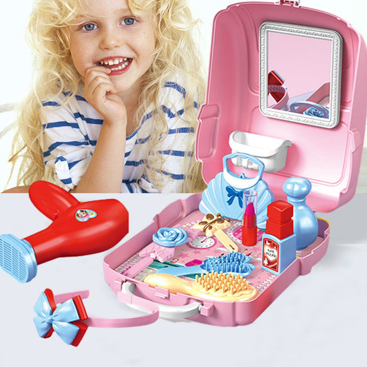 133A Pretend to Play Set Toys Simulation Jewelry Dressing Table Toothbrush Tool Set Kitchen Tableware with Backback Box for Boys Girls White