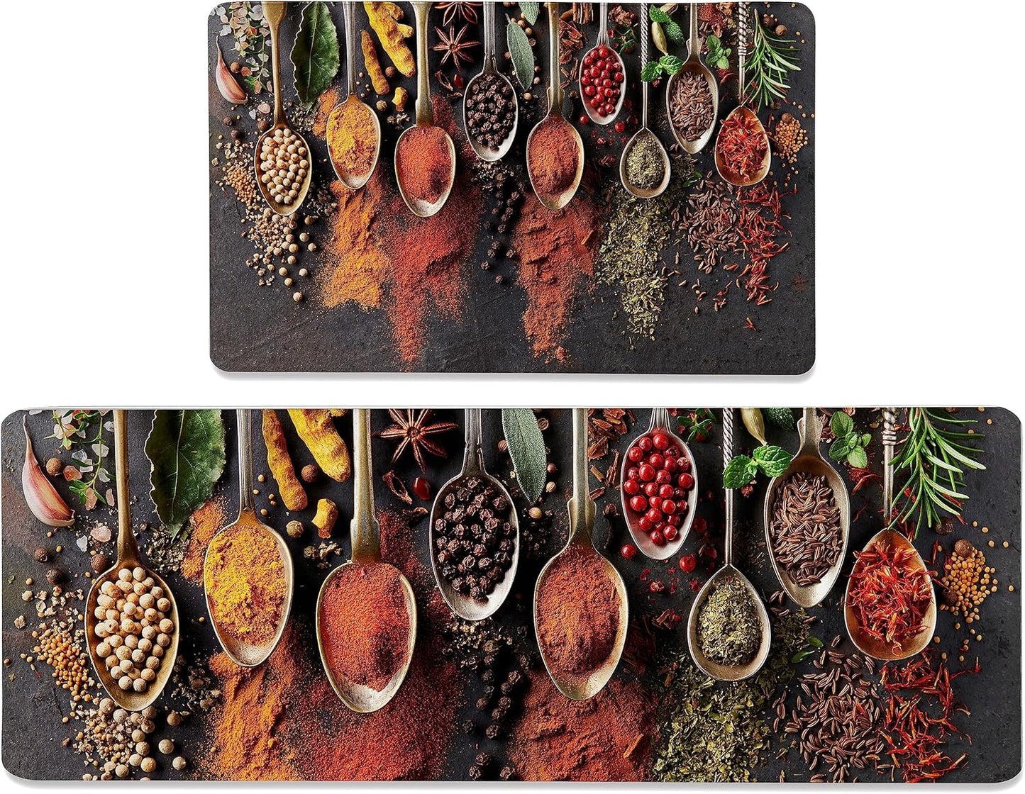 20502 Spice Cooking Kitchen Rugs Set of 2 Anti-Fatigue 0.4 Inches Thick Spices Colorful Kitchen Floor Mats Washable Rug Comfort Standing Waterproof Non Slip Mat for Kitchen Sink (17.3" x 28" + 17.3" x 47")