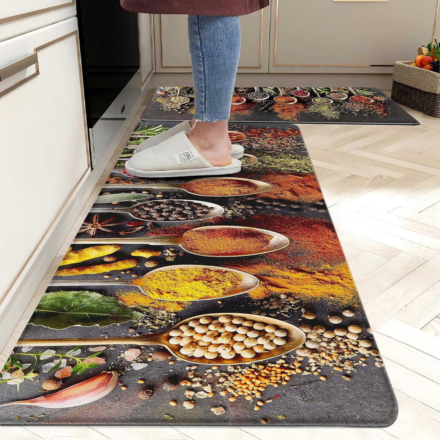 20502 Spice Cooking Kitchen Rugs Set of 2 Anti-Fatigue 0.4 Inches Thick Spices Colorful Kitchen Floor Mats Washable Rug Comfort Standing Waterproof Non Slip Mat for Kitchen Sink (17.3" x 28" + 17.3" x 47")