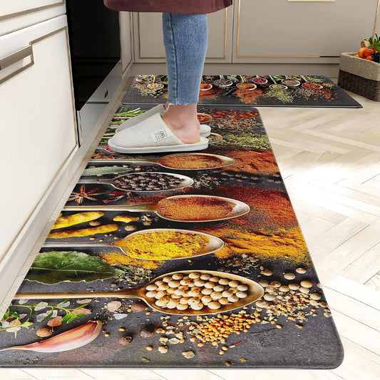 20502 Spice Cooking Kitchen Rugs Set of 2 Anti-Fatigue 0.4 Inches Thick Spices Colorful Kitchen Floor Mats Washable Rug Comfort Standing Waterproof Non Slip Mat for Kitchen Sink (17.3" x 28" + 17.3" x 47")