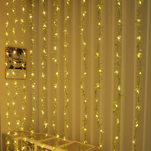 NC-A006 Artificial Vine Leaf Curtain Light 3m LED String Fake Greenery Garland Willow Leaves for Backdrop Bedroom Garden Home Birthday & Festive Decor  {Green /Golden }