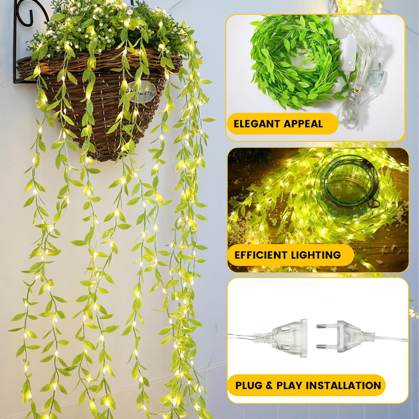 NC-A006 Artificial Vine Leaf Curtain Light 3m LED String Fake Greenery Garland Willow Leaves for Backdrop Bedroom Garden Home Birthday & Festive Decor  {Green /Golden }