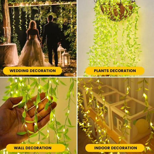 NC-A006 Artificial Vine Leaf Curtain Light 3m LED String Fake Greenery Garland Willow Leaves for Backdrop Bedroom Garden Home Birthday & Festive Decor  {Green /Golden }
