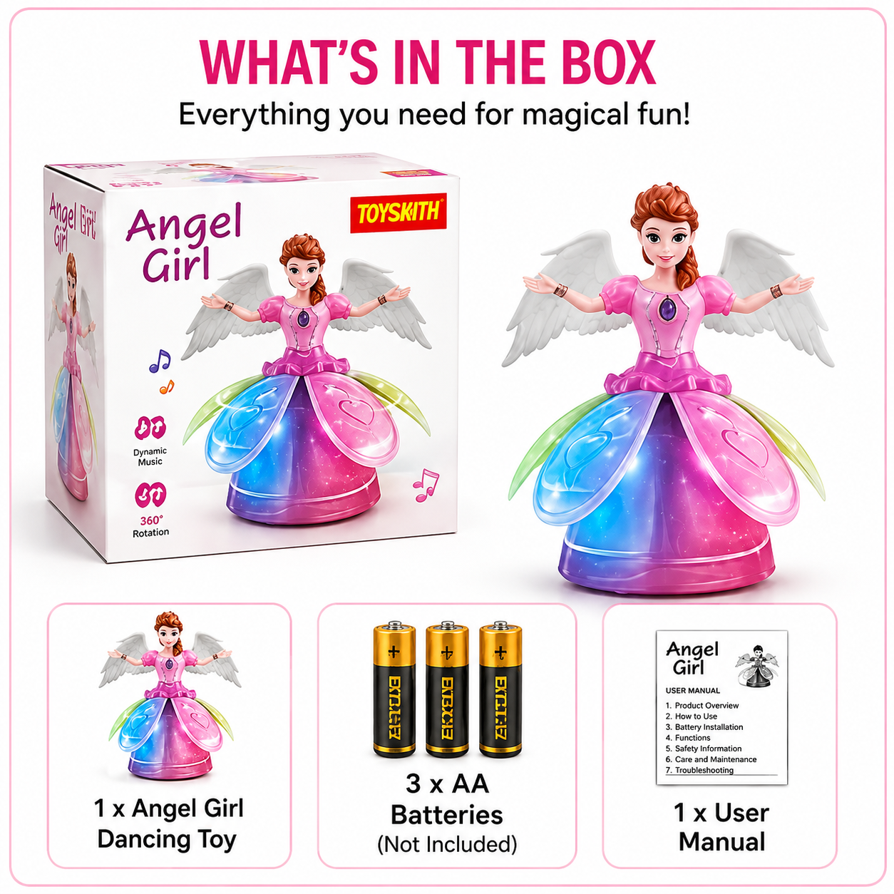 LD 131A Angel Girl Dancing Doll with Lights & Music | 360° Rotating Princess Toy for Kids | Colorful LED Musical Toy | Bump & Go Action