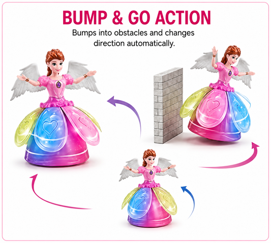 LD 131A Angel Girl Dancing Doll with Lights & Music | 360° Rotating Princess Toy for Kids | Colorful LED Musical Toy | Bump & Go Action