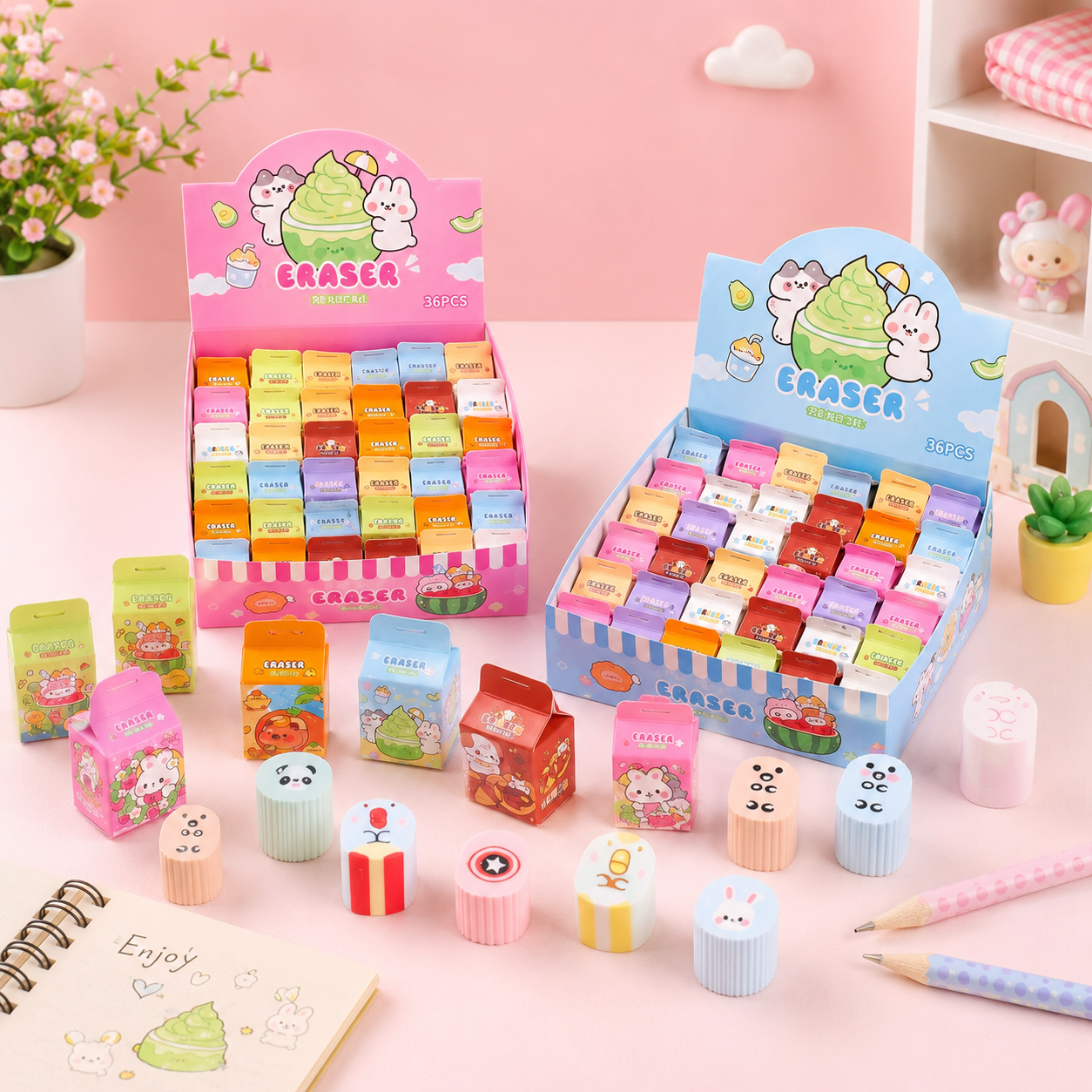 21183 [ pack of 36 ]Cute Cartoon Eraser Set – Colorful Novelty Erasers for Kids, School & Stationery