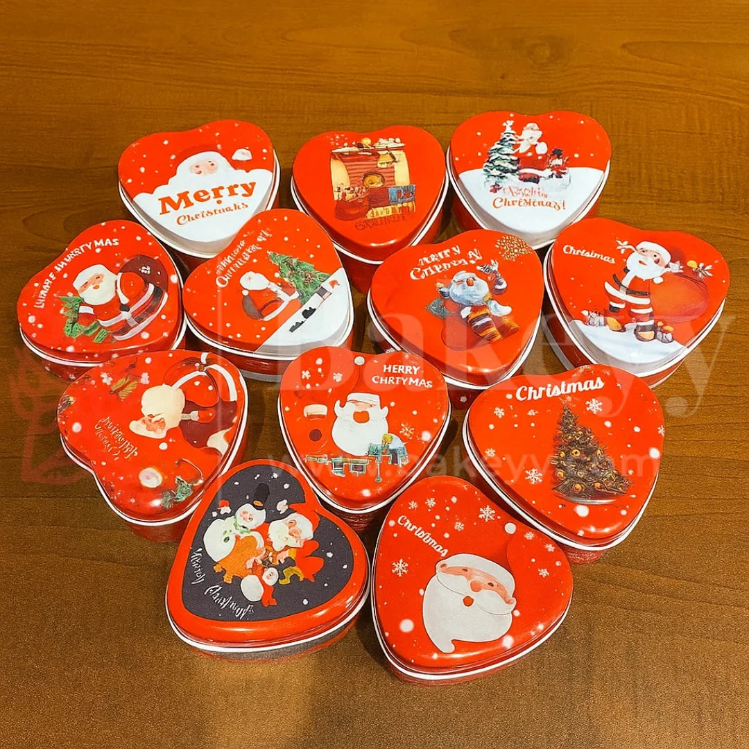 30306 Christmas Heart-Shaped Tin Box, Red Metal Storage Containers with Holiday Designs, Decorative Gift Boxes