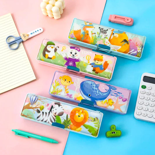 GBT-1321 Multipurpose Compass Box & Pencil Case | Double Deck, Cartoon Design | Storage Organizer for Kids {Random Design}