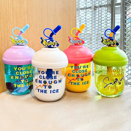10062 Lucky Water Bottle with Straw for School Kids, Quirky Quote Water Bottle With Stirer | Straw Sipper