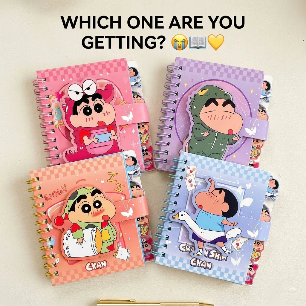 XQ-6407 Shinchan Kawaii Mini Spiral Notebook Cute Anime Pocket Diary Journal with Strap Closure | Cartoon Memo Notepad Gift Set for Kids, Girls & Students {Random Design}