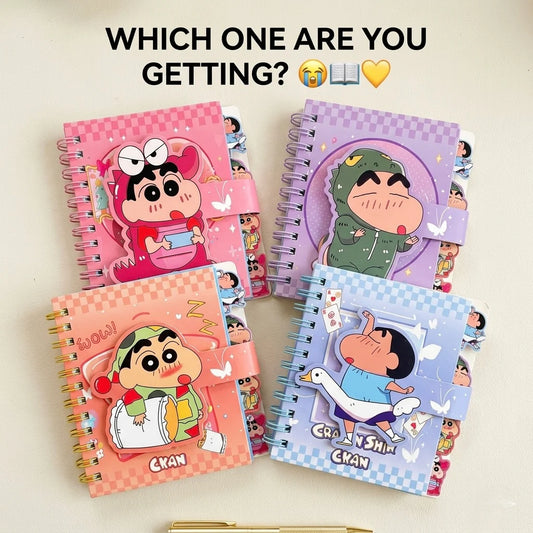 XQ-6407 Shinchan Kawaii Mini Spiral Notebook Cute Anime Pocket Diary Journal with Strap Closure | Cartoon Memo Notepad Gift Set for Kids, Girls & Students {Random Design}