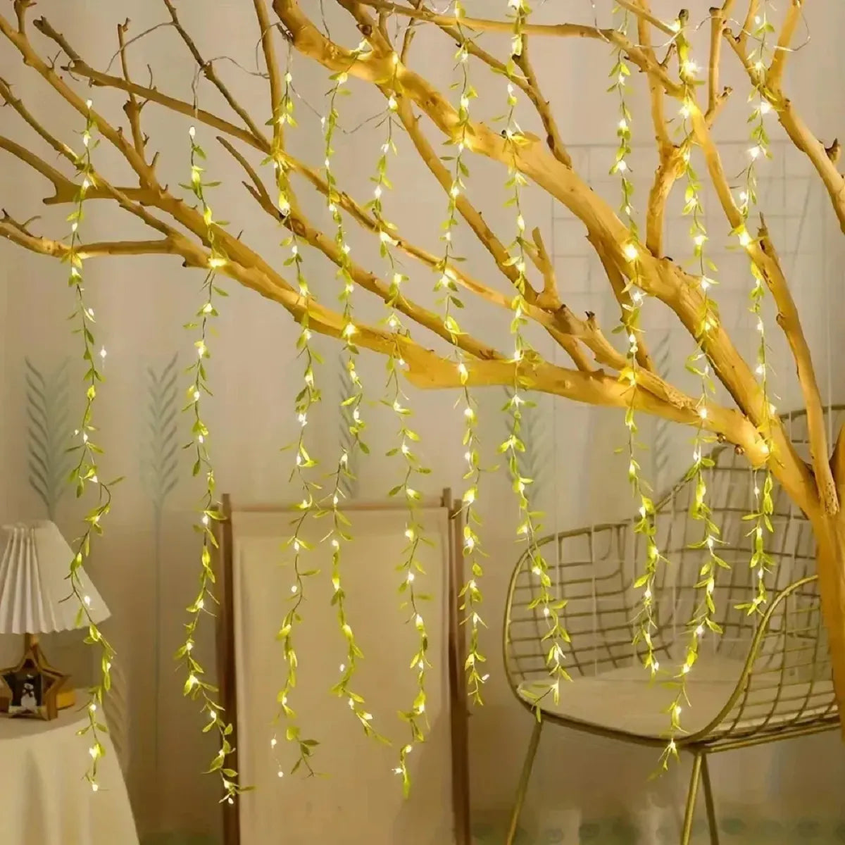 NC-A006 Artificial Vine Leaf Curtain Light 3m LED String Fake Greenery Garland Willow Leaves for Backdrop Bedroom Garden Home Birthday & Festive Decor  {Green /Golden }
