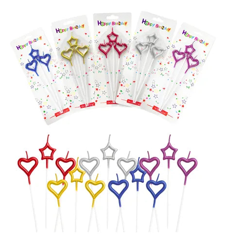 20764 Heart & Star Shaped Hot Stick Cake Candles -3PC, Candles for Birthday Decoration, Anniversary Baby Shower, Valentine Party {Random Color}