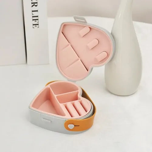 20847 Heart-Shaped Mini Jewelry Organizer Box with Handle – Portable Multi-Compartment Storage Case for Rings, Pills & Small Accessories {Random Color}