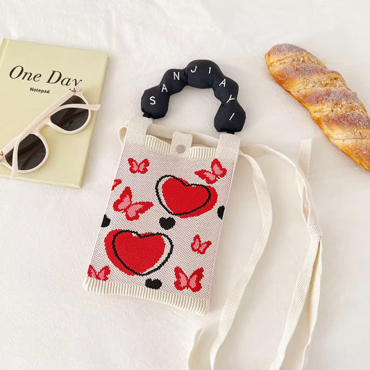 20484 Kosoul New fashion shoulder bag mini knitted mobile phone bag Korean version versatile small portable change bag messenger bag Cute animals {Random Design}