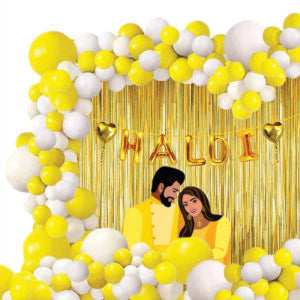20667 Haldi Decoration 45pcs Pack for Ceremony Gliter Paper Banner, Yellow & White Balloons, Fringe Foil Curtains, Golden Heart Balloons