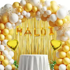 20667 Haldi Decoration 45pcs Pack for Ceremony Gliter Paper Banner, Yellow & White Balloons, Fringe Foil Curtains, Golden Heart Balloons
