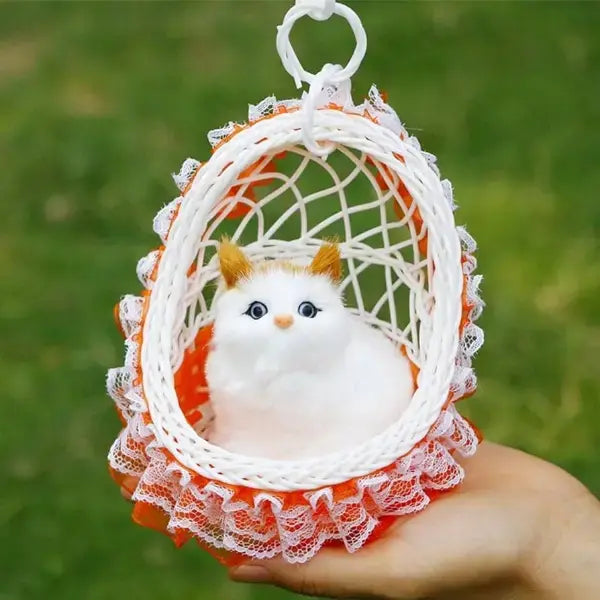 20567 Fluffy Cat With Sound Plush Figurine in Hanging Basket, with Colorful Lights & Music White, Soft Plush Material, with ON/Off Sound Feature, Home Decor Accent