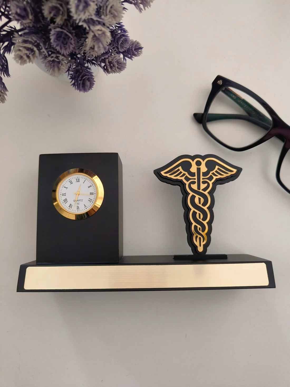 21045 Doctor's Pen Stand with Logo & Clock Custom Doctor's Desk Organizer with Clock & Pen Holder Premium Gift for Doctors & Healthcare Professionals