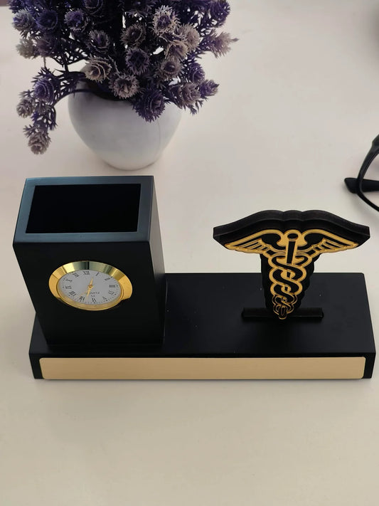 21045 Doctor's Pen Stand with Logo & Clock Custom Doctor's Desk Organizer with Clock & Pen Holder Premium Gift for Doctors & Healthcare Professionals