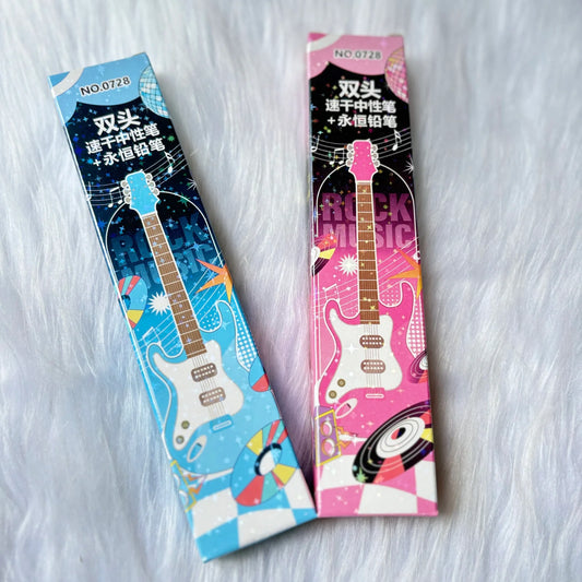 0728 Guitar Theme Pen & Endless Pencil Combo | Sparkling Rock Music Design | Birthday Return Gift for Kids