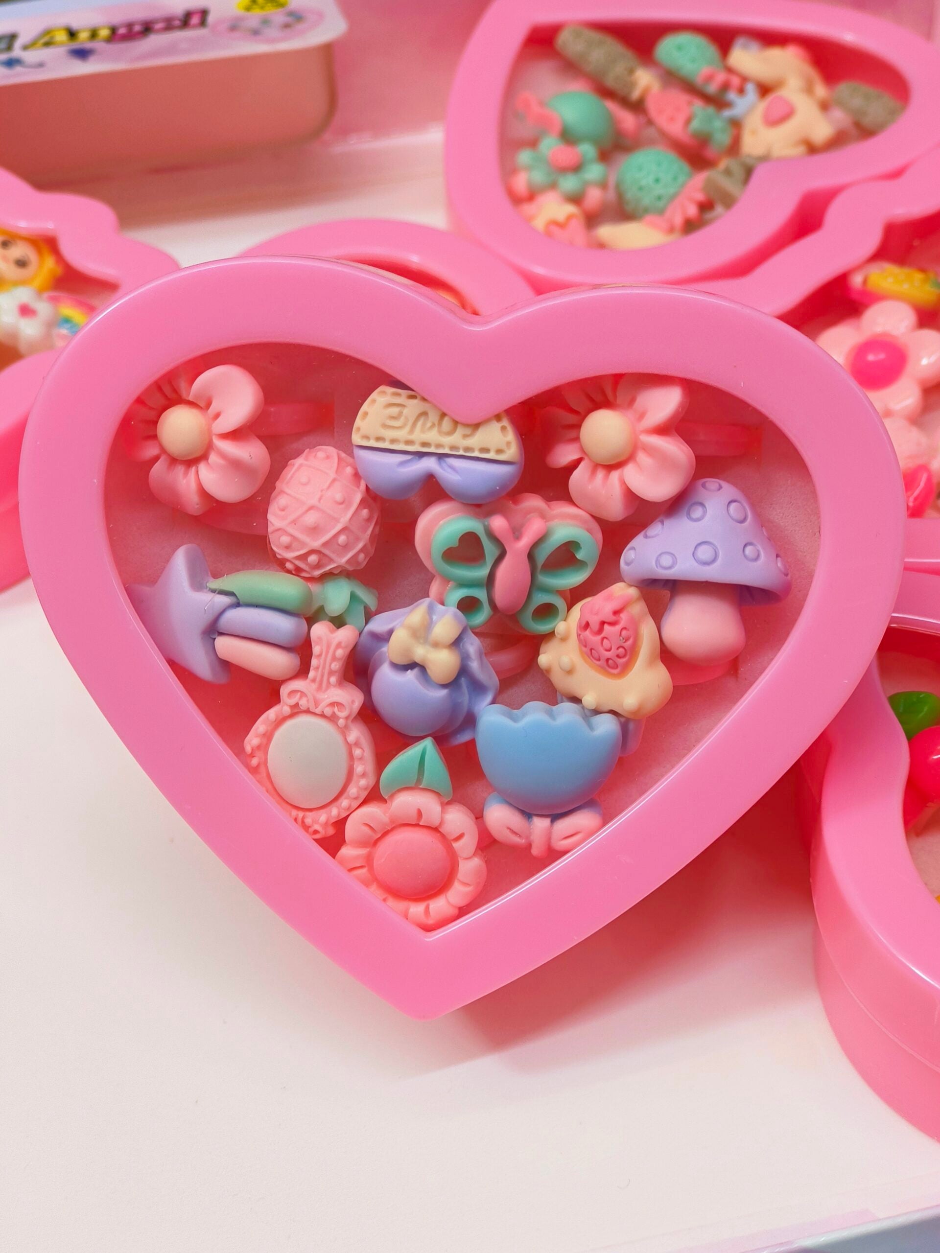 11214 Cartoon Rings for Girls – 10 Pcs Adjustable Ring Set with Heart Shaped Box, Fancy Finger Rings for Kids