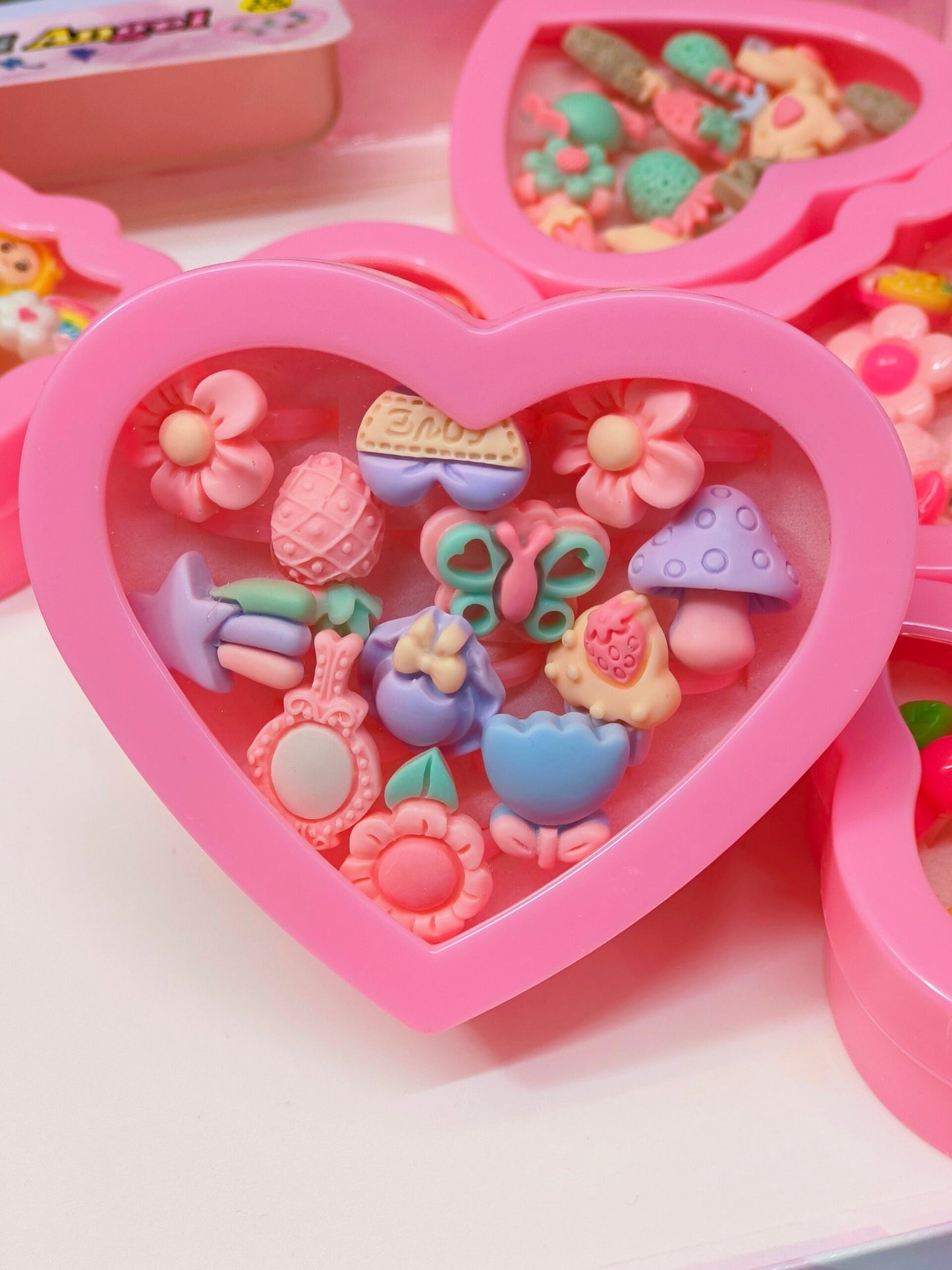 11214 Cartoon Rings for Girls – 10 Pcs Adjustable Ring Set with Heart Shaped Box, Fancy Finger Rings for Kids
