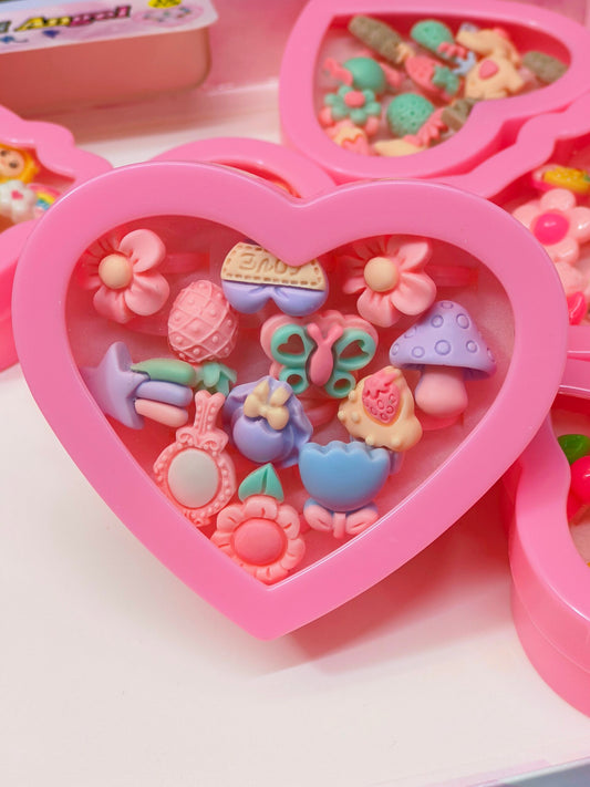 11214 Cartoon Rings for Girls – 10 Pcs Adjustable Ring Set with Heart Shaped Box, Fancy Finger Rings for Kids