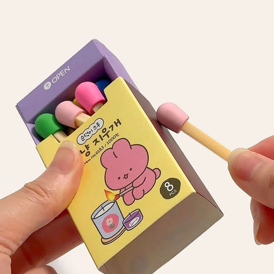 E8135 Matchstick Shape Eraser Set for Kids, Cute Matchbox Design, 8 Mini Cartoon Rubber Erasers, for School, Drawing & Stationery Collection