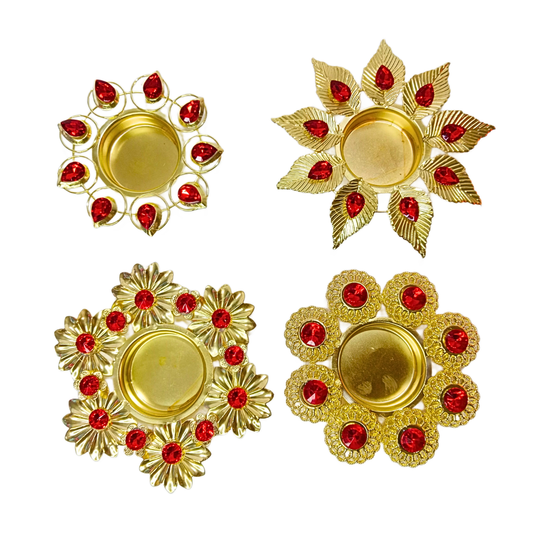 20321 Golden Floral Kundan Style Tealight Candle Holder, Metal Alloy Diya for Decor (Golden & Red