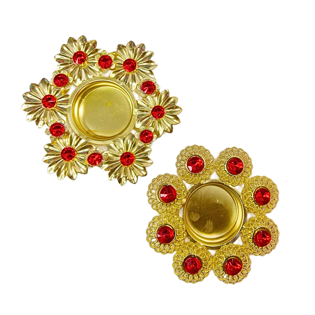 20321 Golden Floral Kundan Style Tealight Candle Holder, Metal Alloy Diya for Decor (Golden & Red
