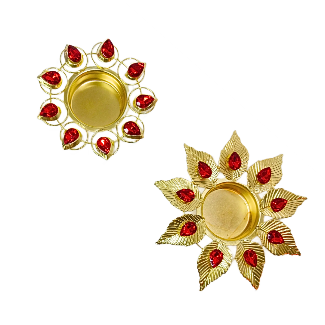 20321 Golden Floral Kundan Style Tealight Candle Holder, Metal Alloy Diya for Decor (Golden & Red