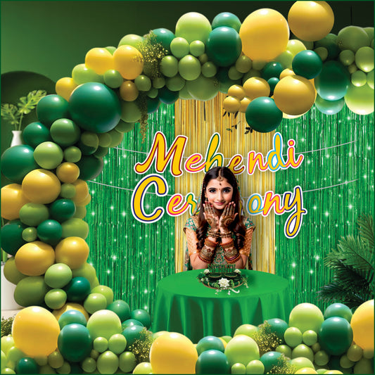 20666 Mehndi Decoration Combo Pack – 45 Pcs | Green & Yellow Balloons, Gliter Banner, Fringe Curtains, Balloon Arch Kit | Wedding, Haldi, Mehndi Ceremony Party Decoration Set